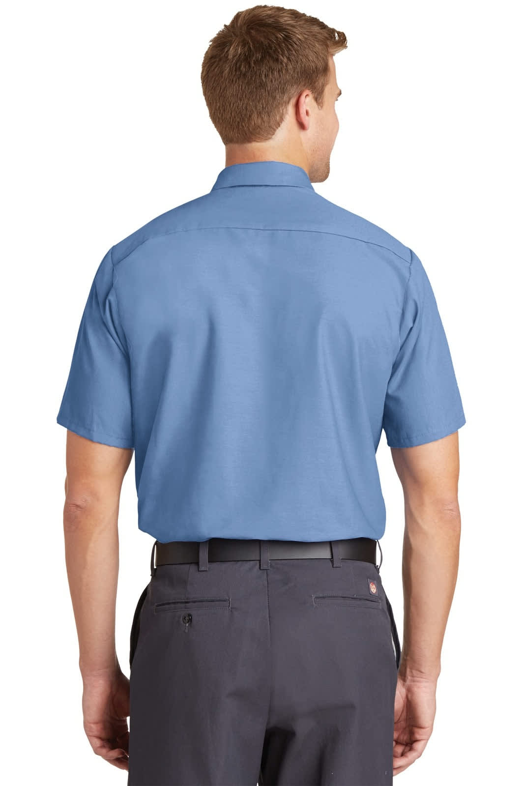 A short-sleeve industrial work shirt in light blue, featuring a collar and a logo on the back.