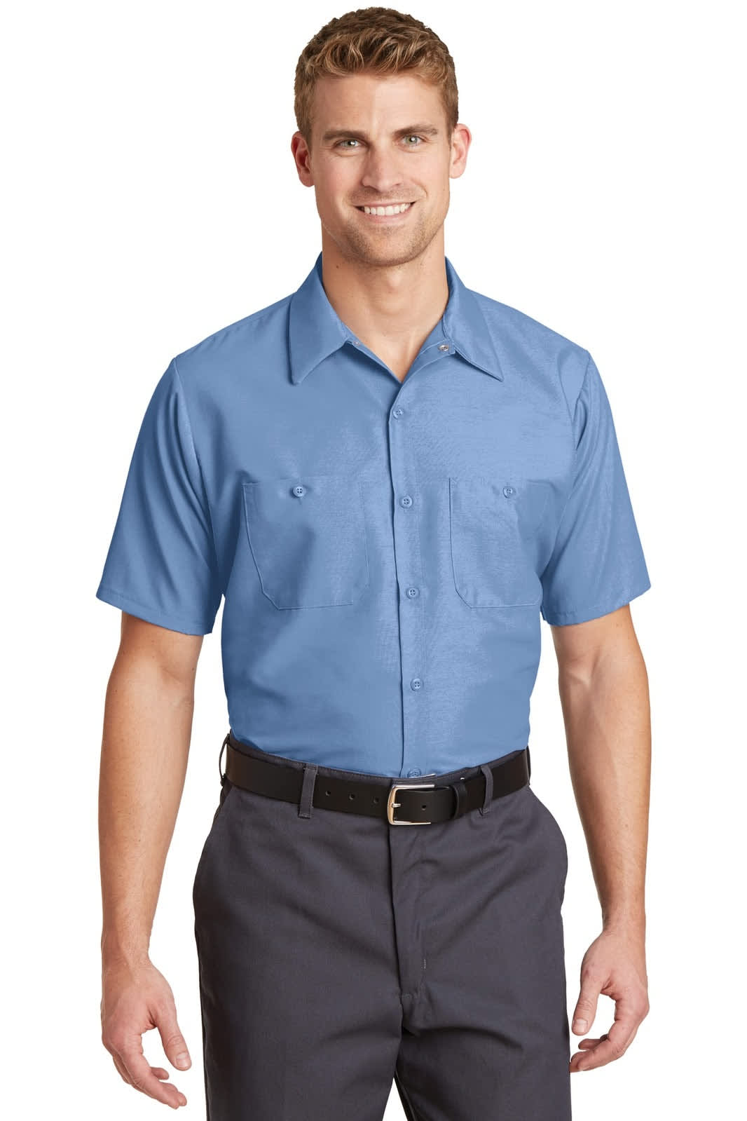 A blue short sleeve industrial work shirt featuring two chest pockets and a belt. It has a logo on the chest.