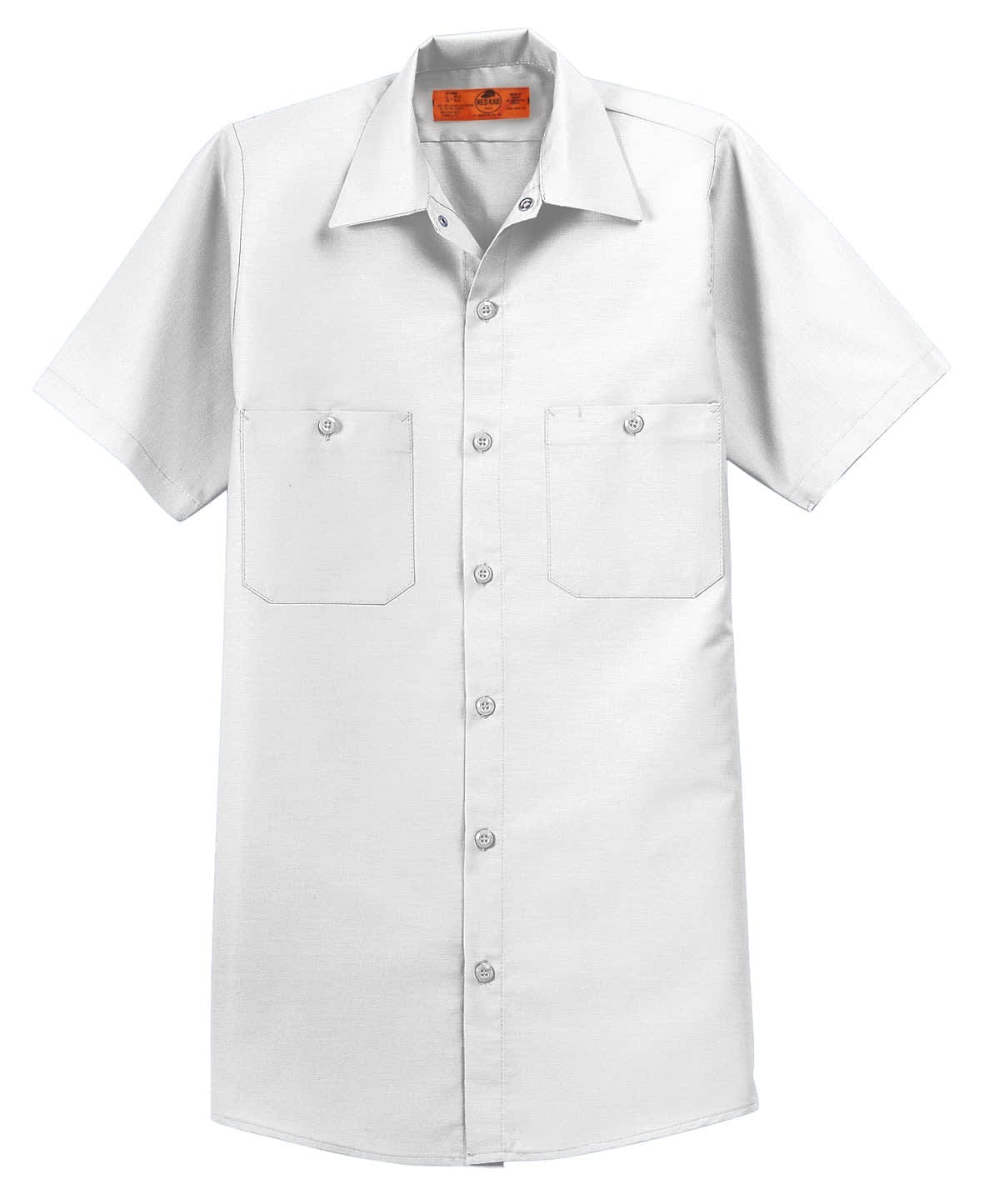 A short sleeve industrial work shirt in white, featuring two chest pockets and a branded label.