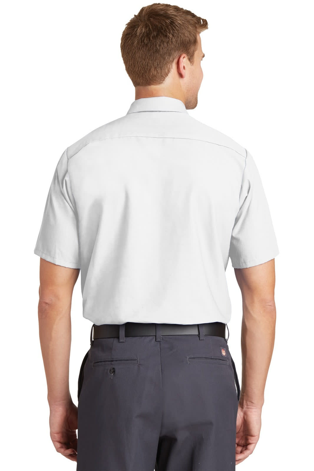 A short sleeve industrial work shirt in light grey, featuring a back view and a logo on the collar.