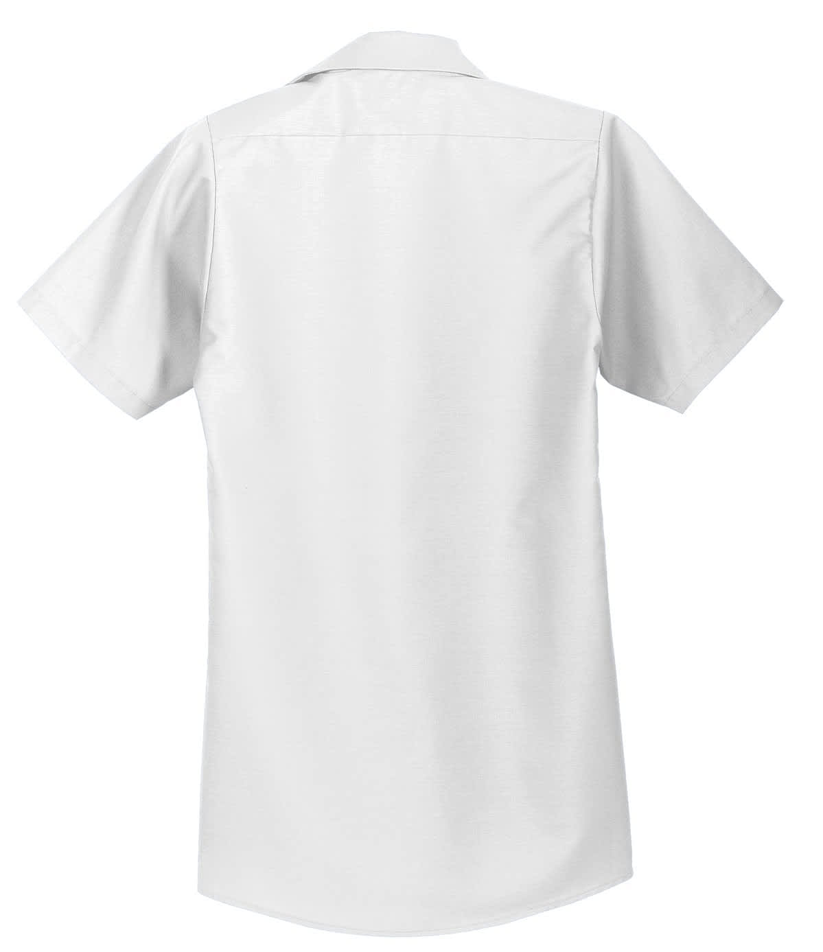 A white short sleeve industrial work shirt with a collar and a logo.