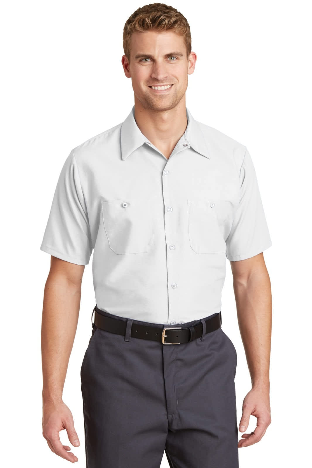 Short sleeve industrial work shirt in light grey, featuring a collar and two chest pockets. Includes branding.