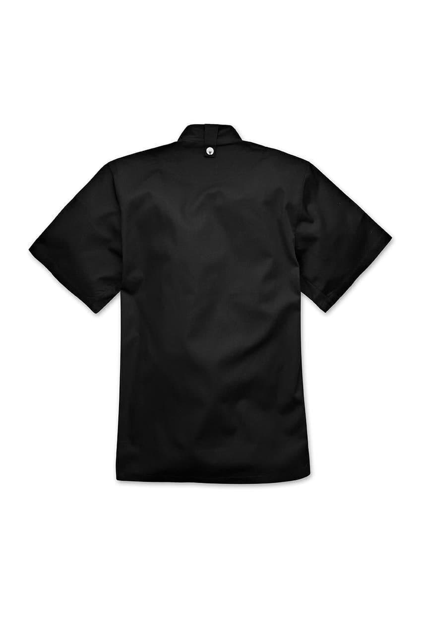 A black chef jacket featuring a press stud closure and a plain back. It has a logo branding.