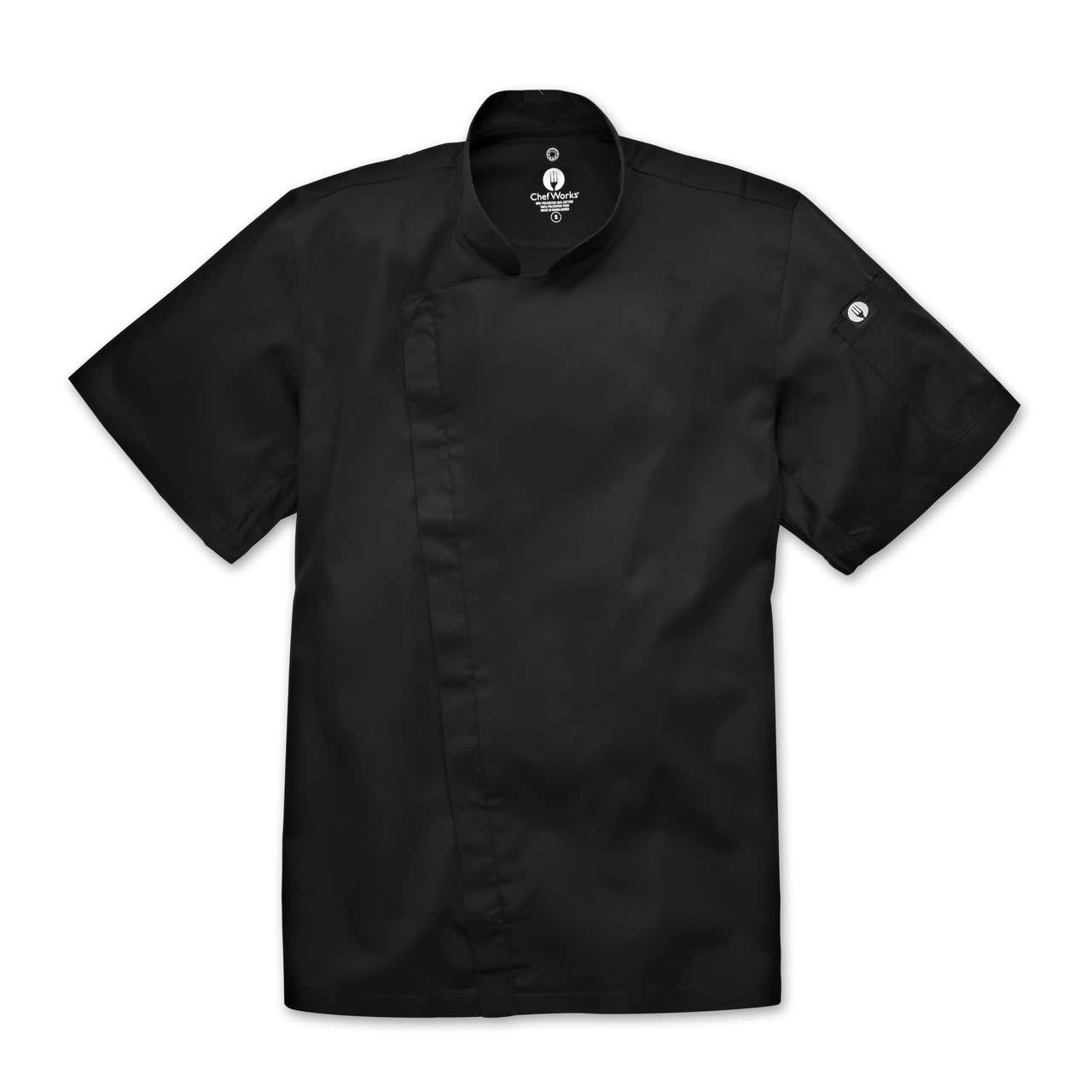 A black chef jacket with short sleeves and a press stud closure, featuring a small logo.
