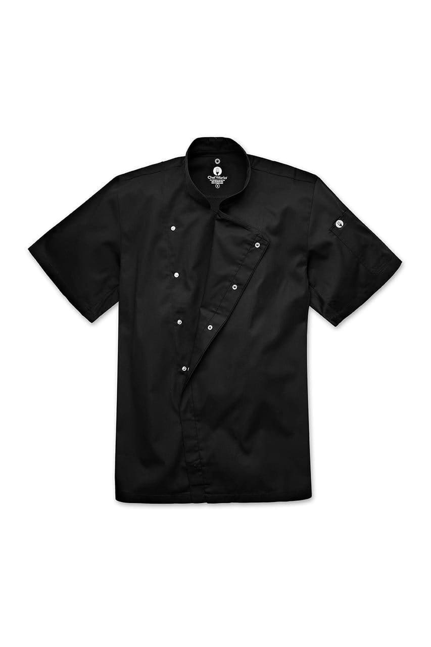 A black short-sleeved chef jacket with a press stud front and a logo on the sleeve.