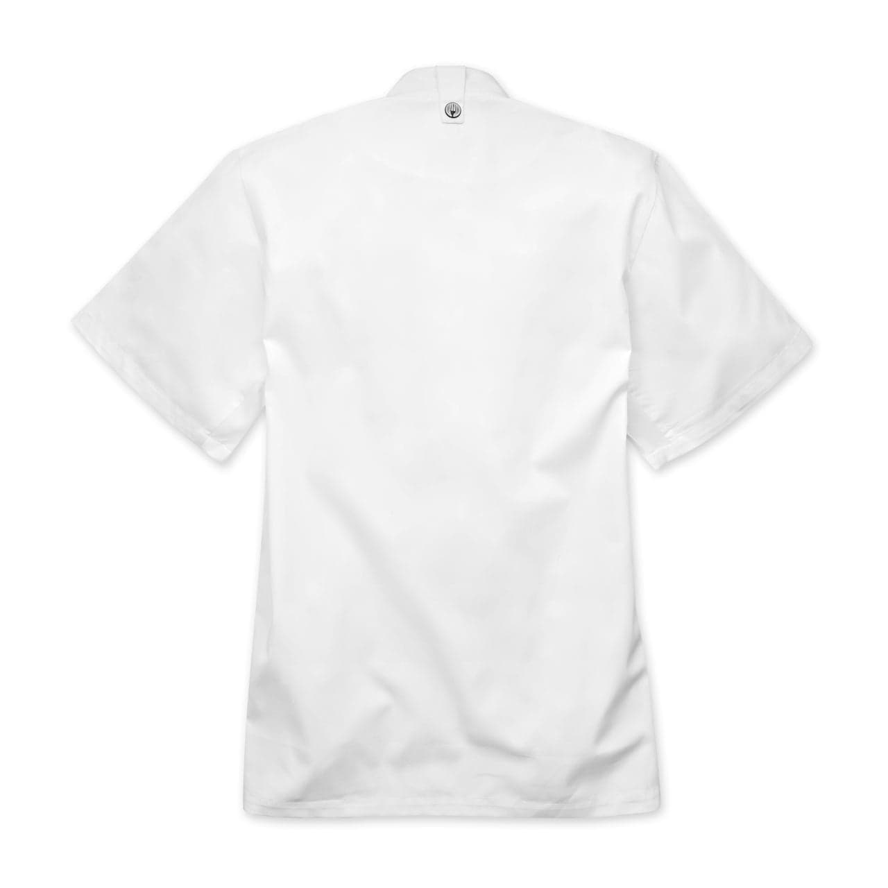 A white chef jacket with short sleeves and a press stud fastening at the back. It features a logo.