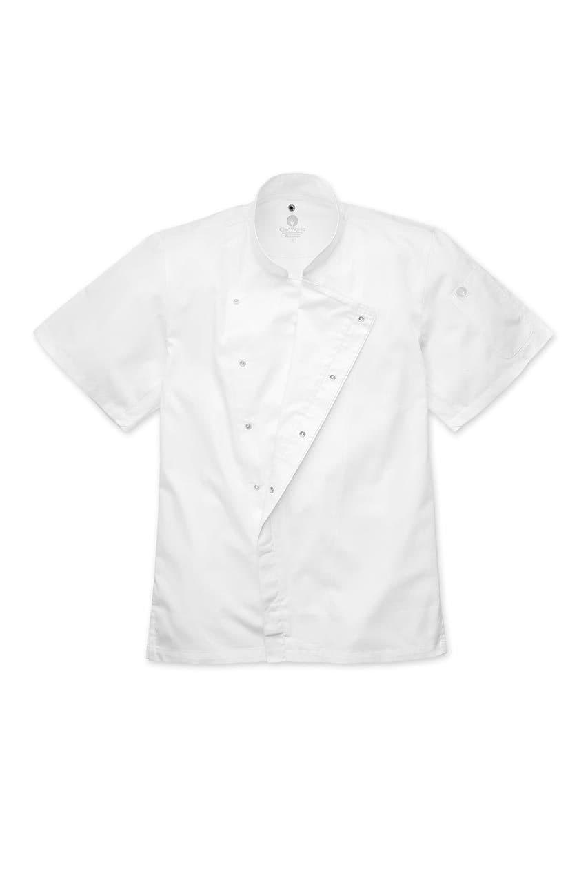 A white short-sleeved chef jacket with press stud fastenings and a logo on the sleeve.