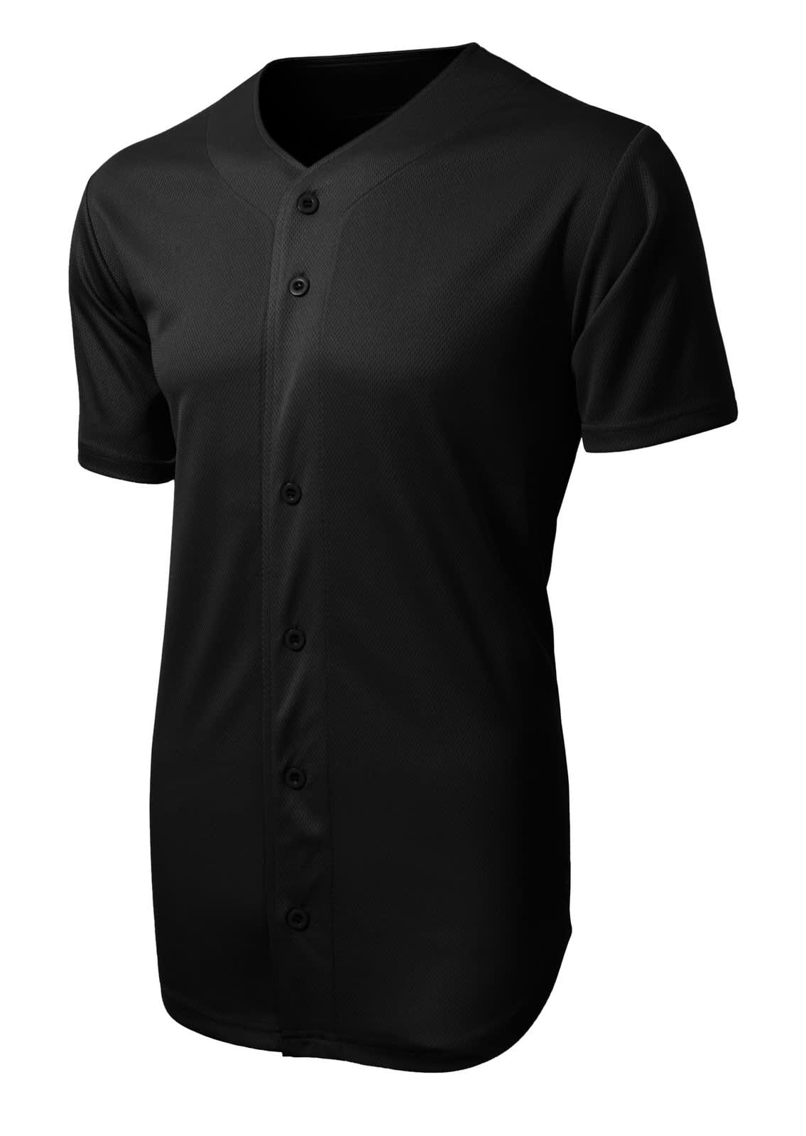 A black full-button sports jersey made from tough mesh fabric, featuring a logo on the chest.