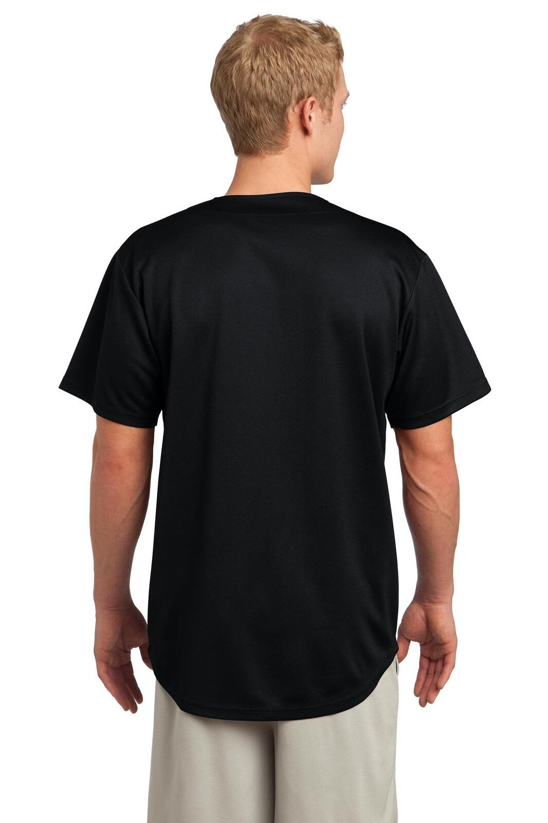 A black full-button jersey made from tough mesh fabric, featuring a back view. It includes a logo.