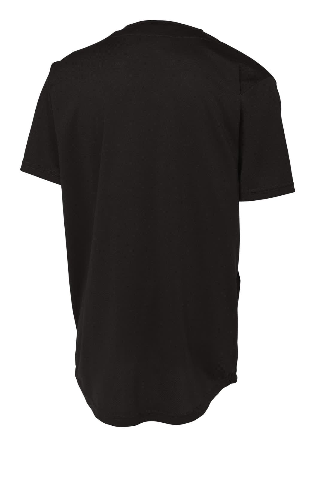 A black full-button jersey featuring a mesh design and a logo on the back. Suitable for sports uniforms.