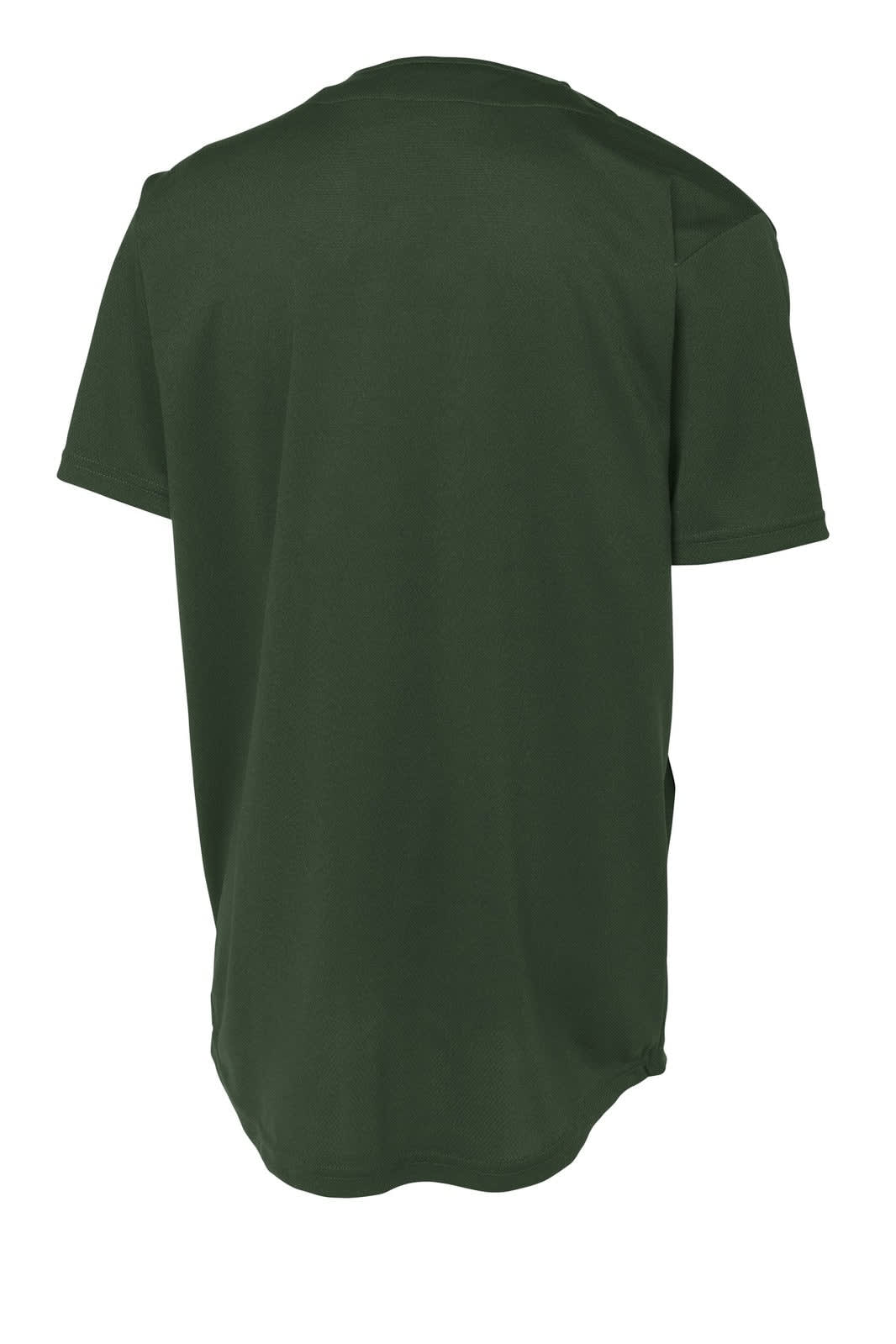A green full-button jersey made of tough mesh material, featuring a logo on the back.