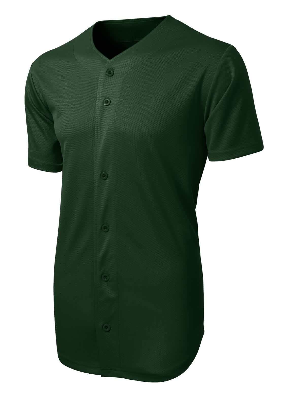 A green full-button sports jersey made from tough mesh fabric, featuring a logo on the front.