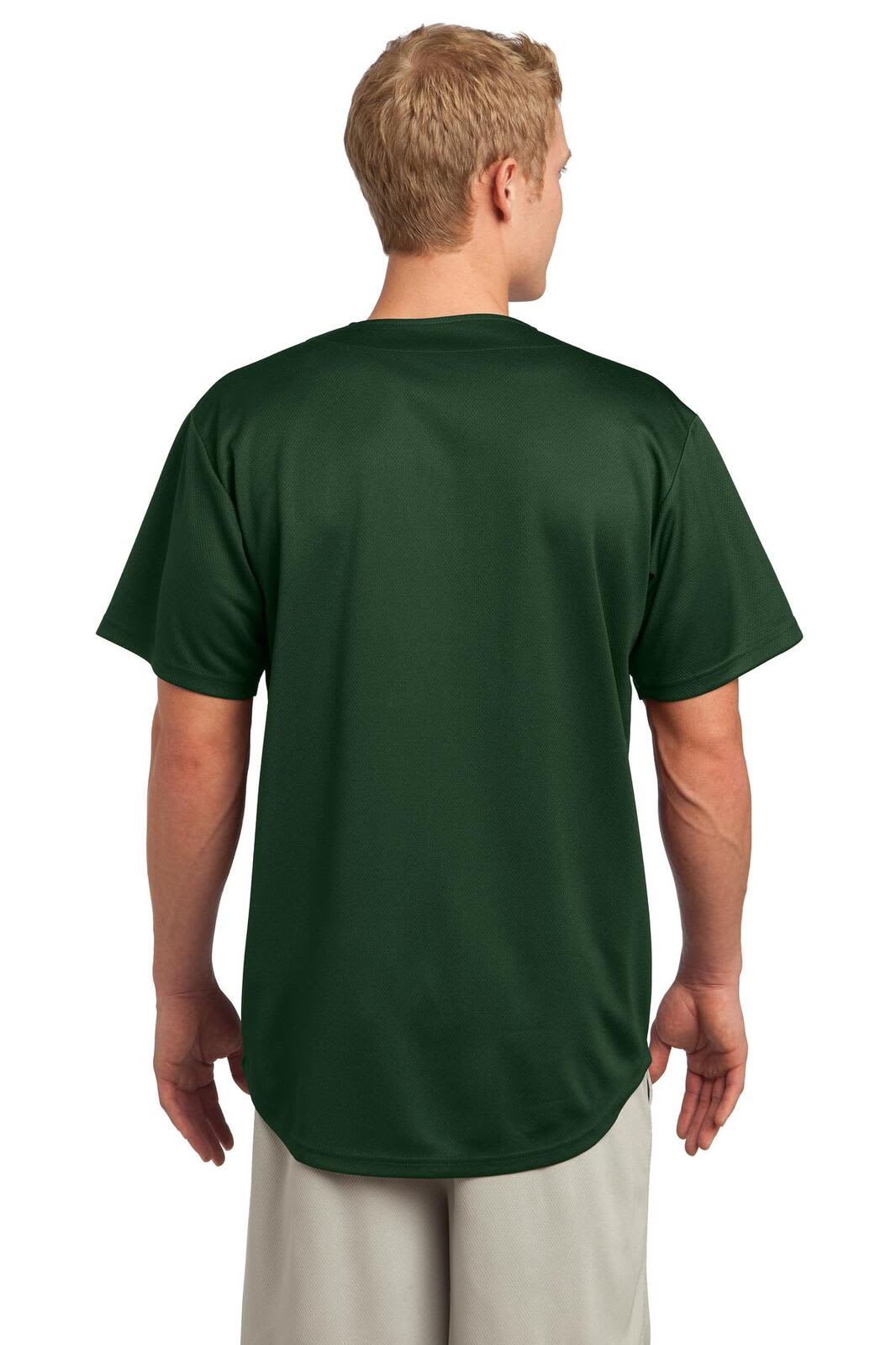 A green Sport-Tek PosiCharge Tough Mesh Full-Button Jersey displayed from the back, featuring a smooth fabric finish.