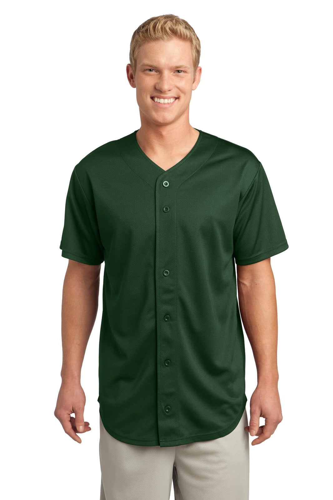 A man models a green full-button jersey made from tough mesh fabric, featuring a logo on the chest.