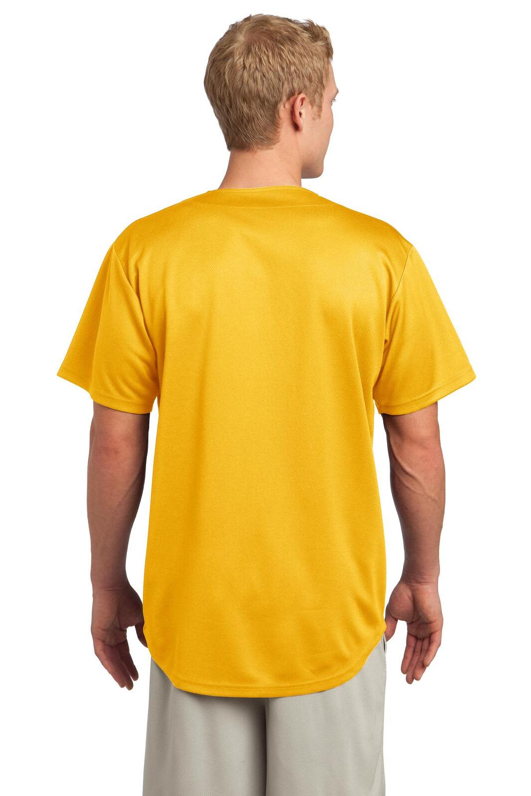 A man is wearing a yellow Sport-Tek PosiCharge Tough Mesh Full-Button Jersey, viewed from the back.
