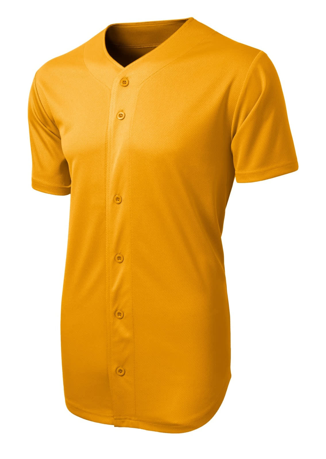 A full-button jersey in vibrant gold mesh with short sleeves, featuring a logo on the chest.