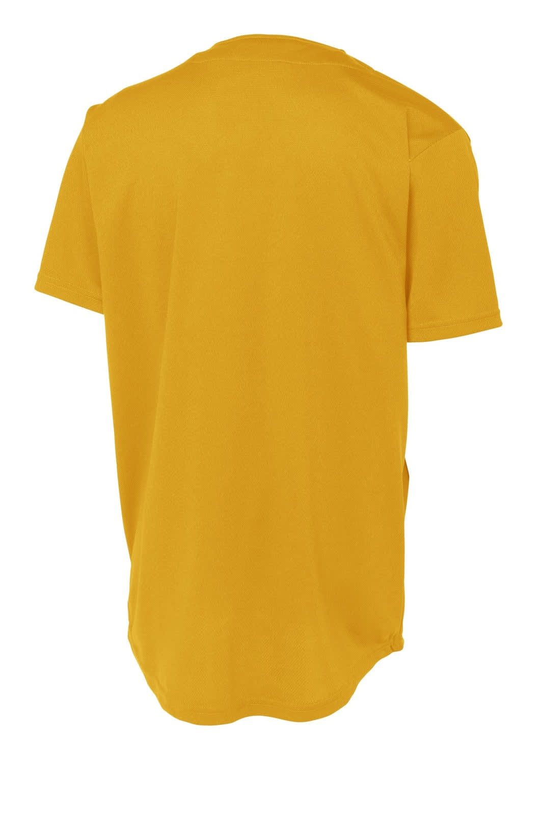 A yellow mesh jersey featuring a full-button design and a logo on the back.