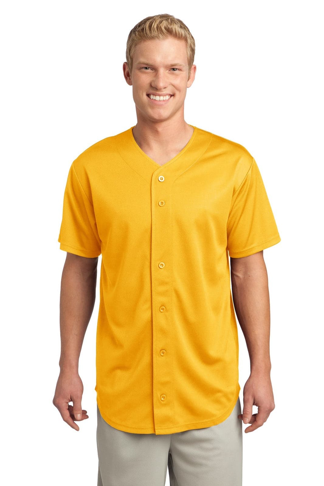 A man wearing a bright yellow PosiCharge Tough Mesh Full-Button Jersey with a button-up front and a logo.