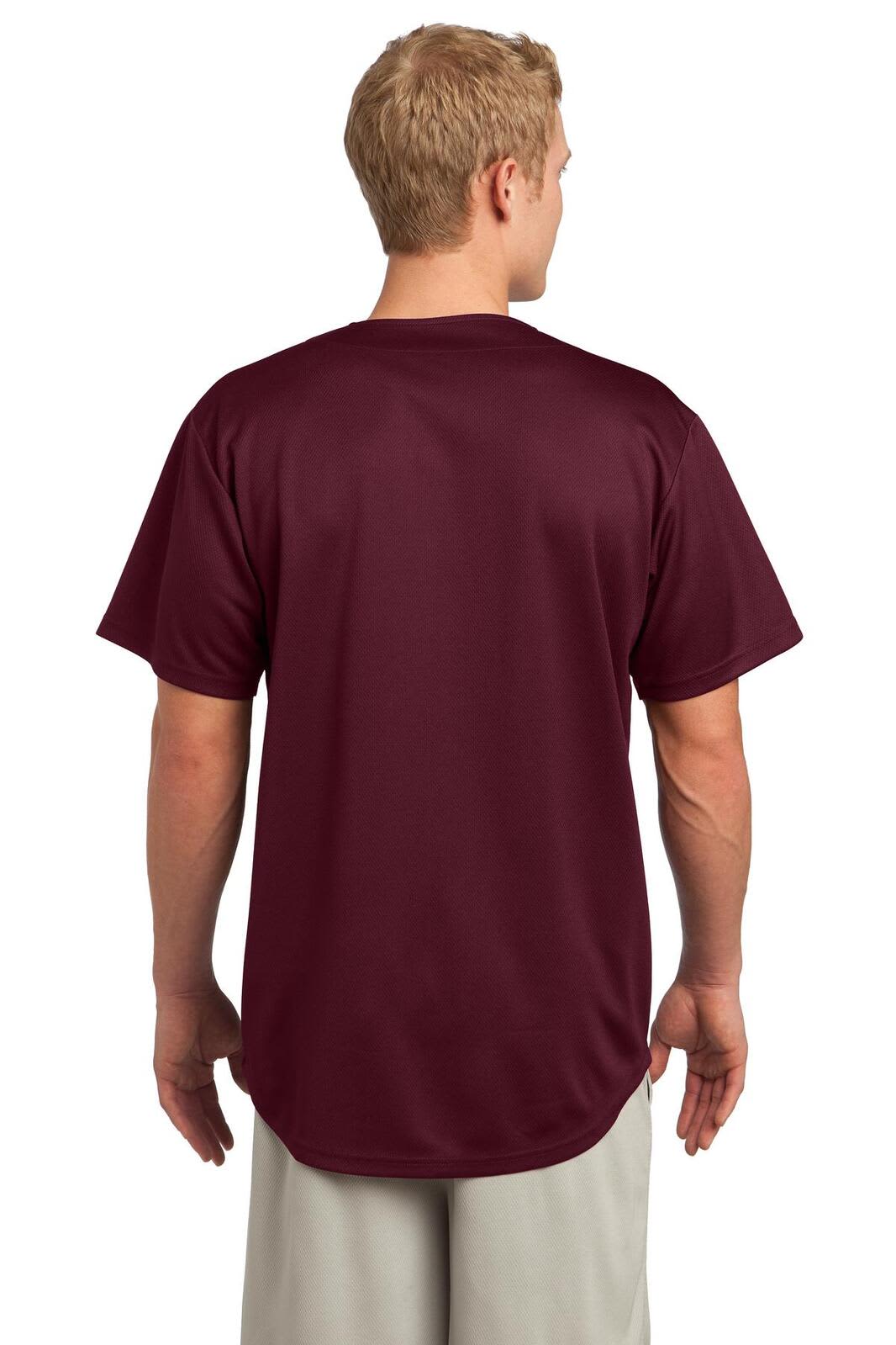 A maroon full-button sports jersey with a mesh design, featuring a logo on the back and short sleeves.