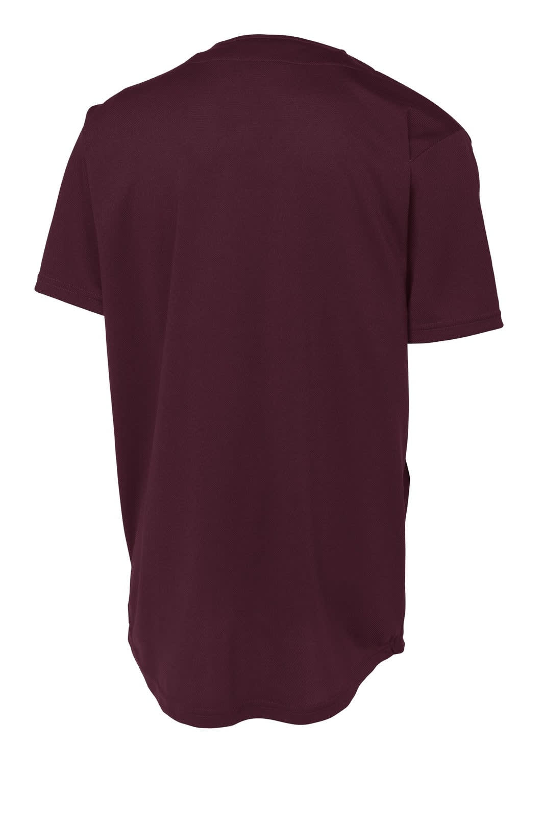 A burgundy sports jersey with a full-button design and a logo on the back.