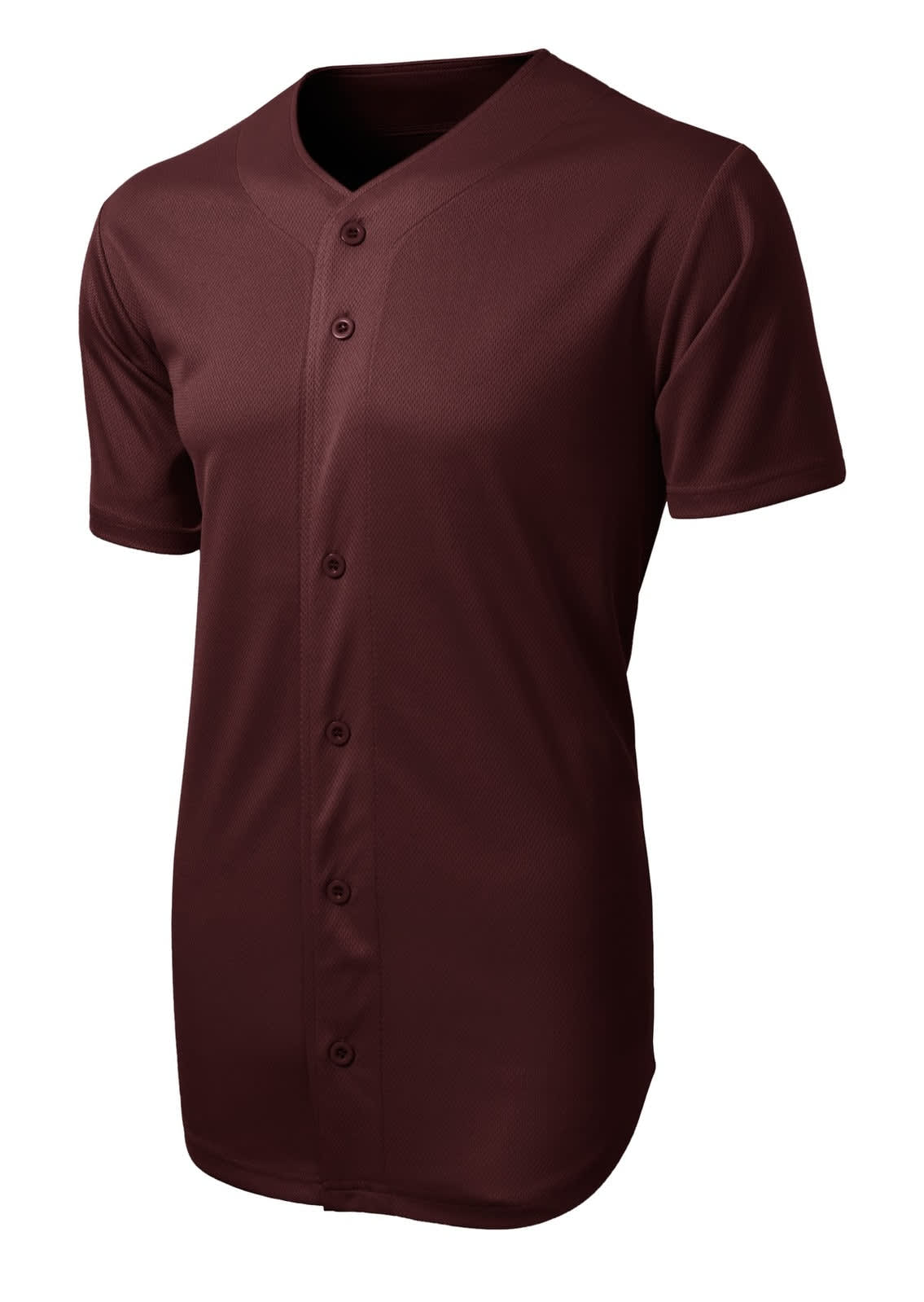 A maroon, full-button sports jersey made from tough mesh material, featuring a logo on the front.