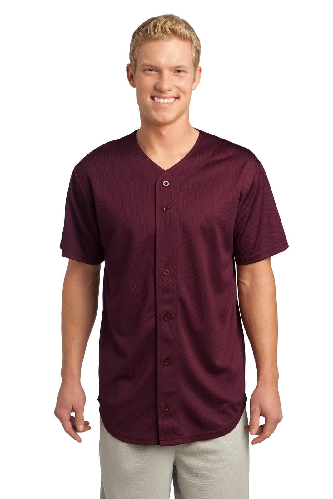 A full-button jersey in maroon featuring short sleeves and a smooth mesh fabric. Includes a logo.