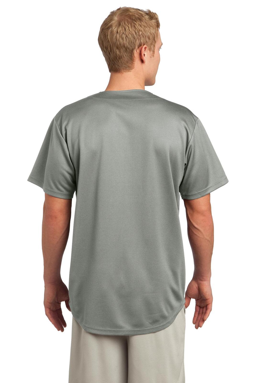 A grey Sport-Tek PosiCharge Tough Mesh Full-Button Jersey featuring a smooth, athletic cut and back view.