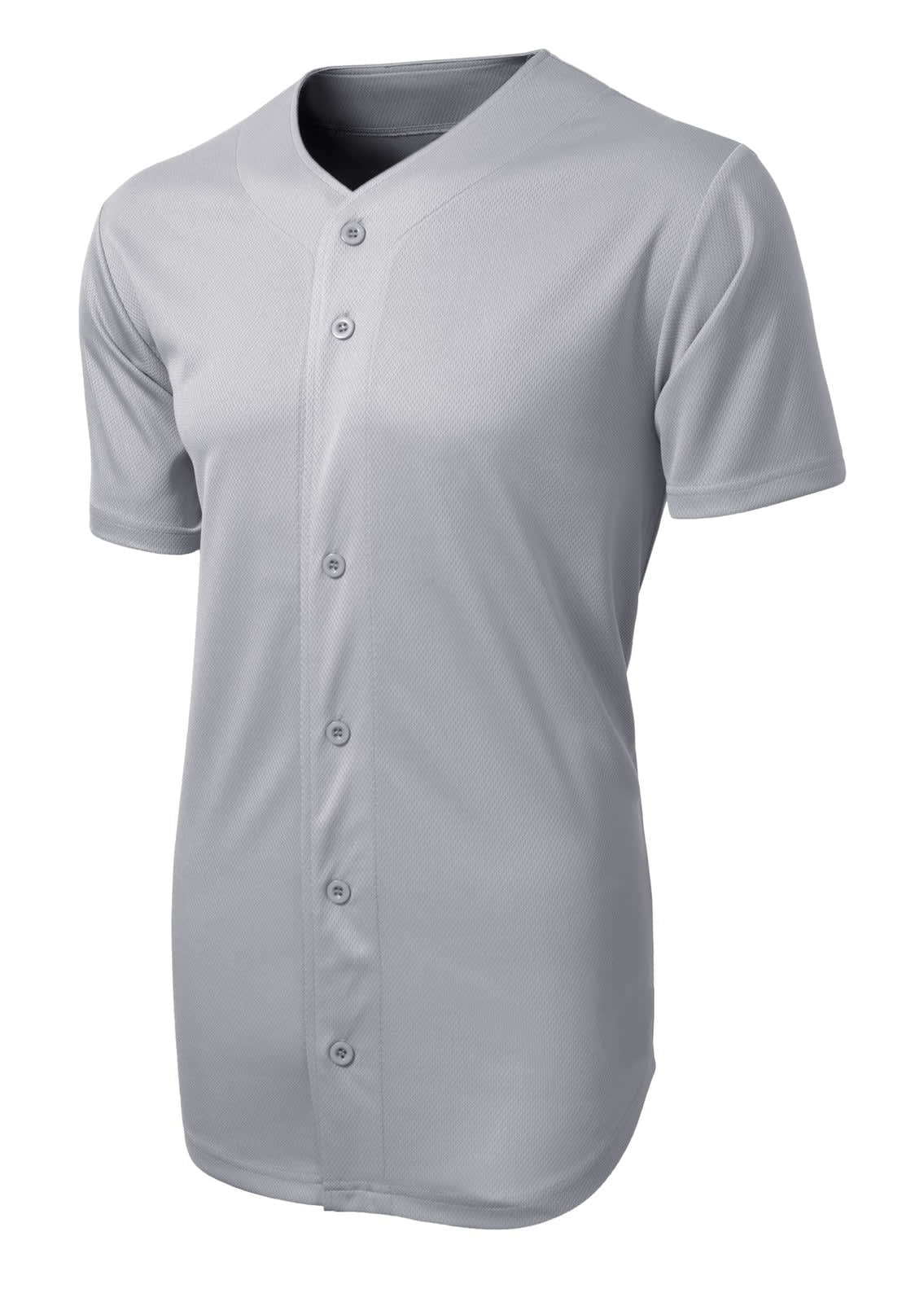 A grey full-button sports jersey made from Tough Mesh fabric, featuring short sleeves and a logo.
