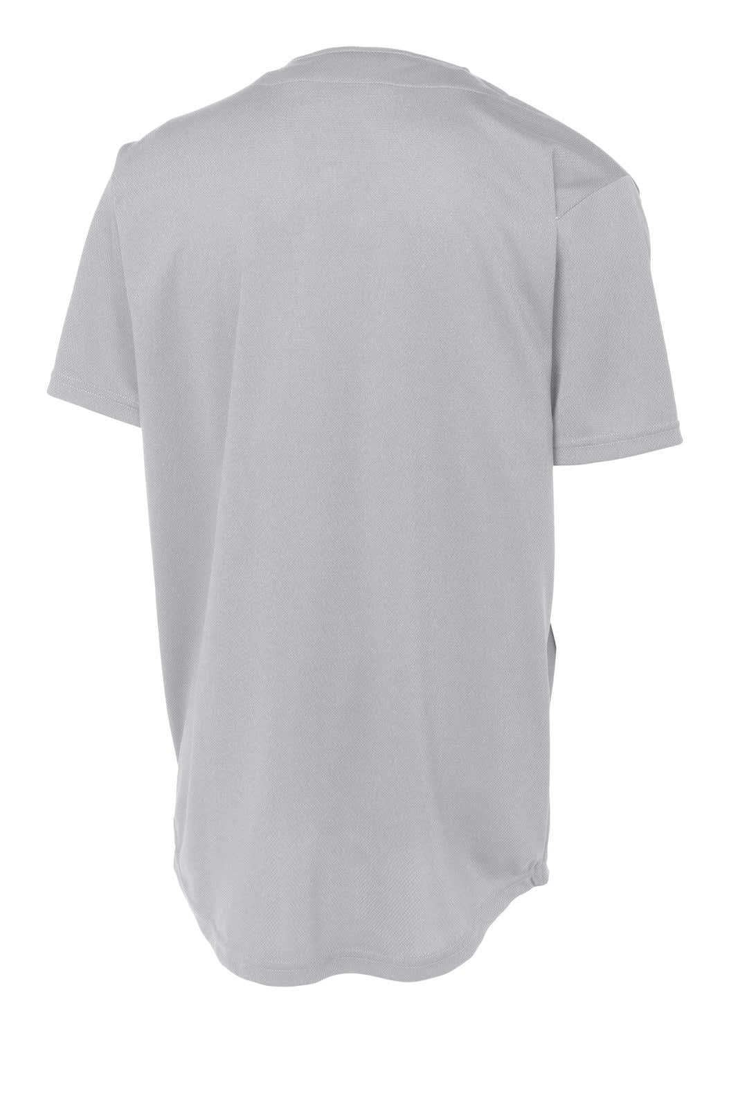 A grey sports jersey with a full-button design, featuring a logo on the back.