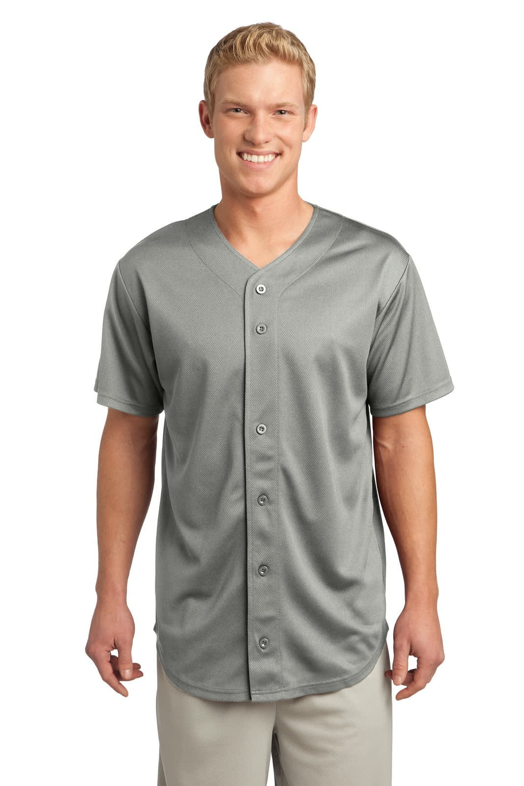 A model wearing a grey Sport-Tek PosiCharge Tough Mesh Full-Button Jersey featuring a front button closure and short sleeves.