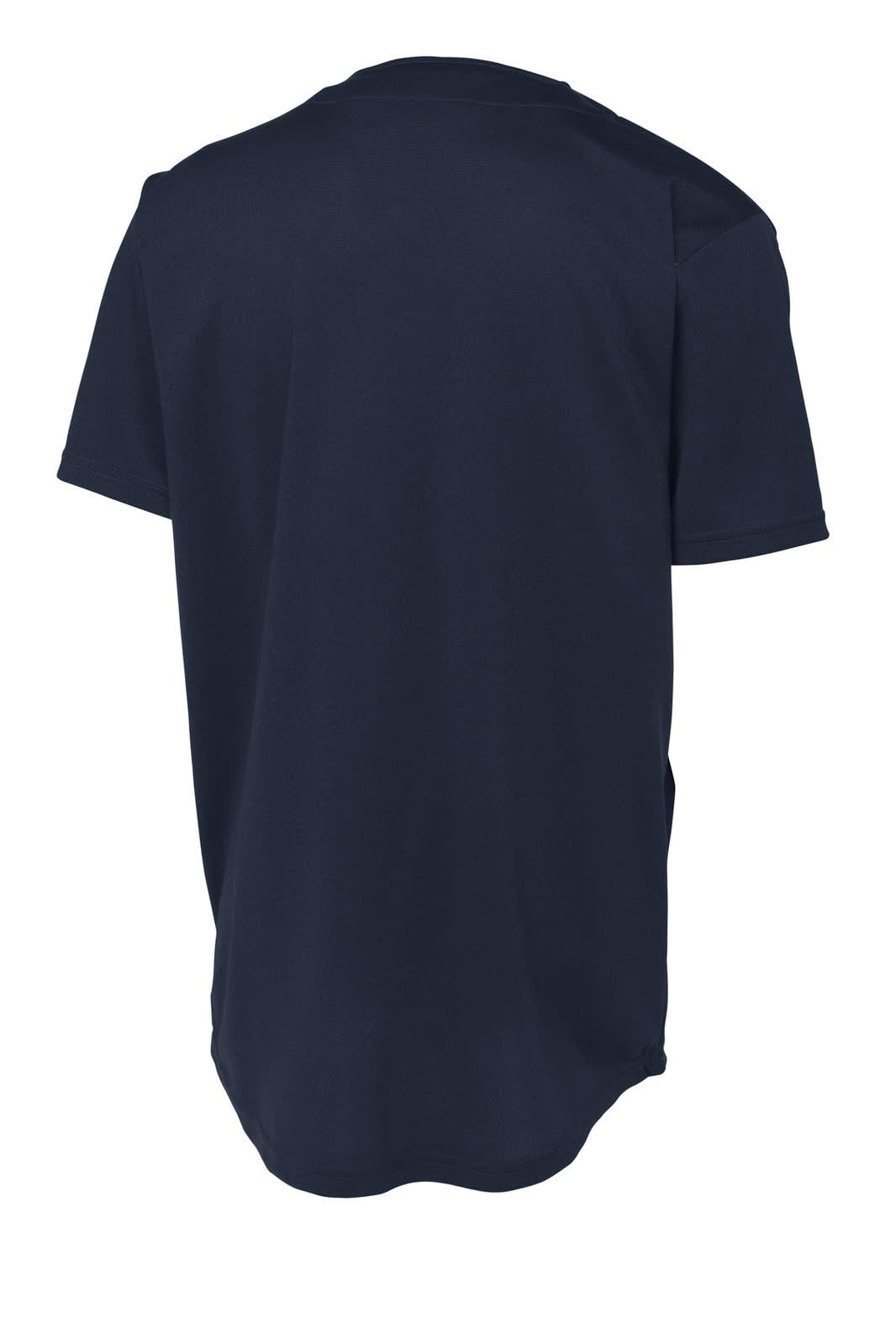 A navy blue sports jersey featuring a full-button front design and a smooth back without any visible branding.