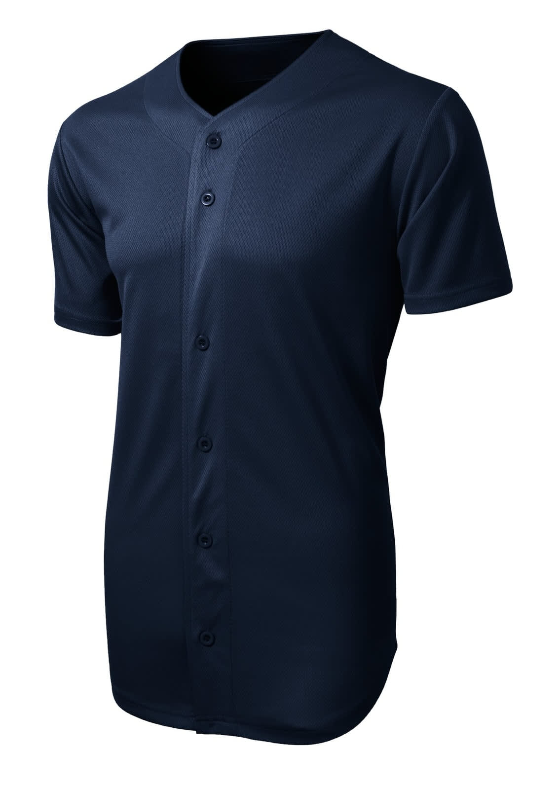 A navy blue full-button jersey made of tough mesh fabric, featuring a logo on the chest area.