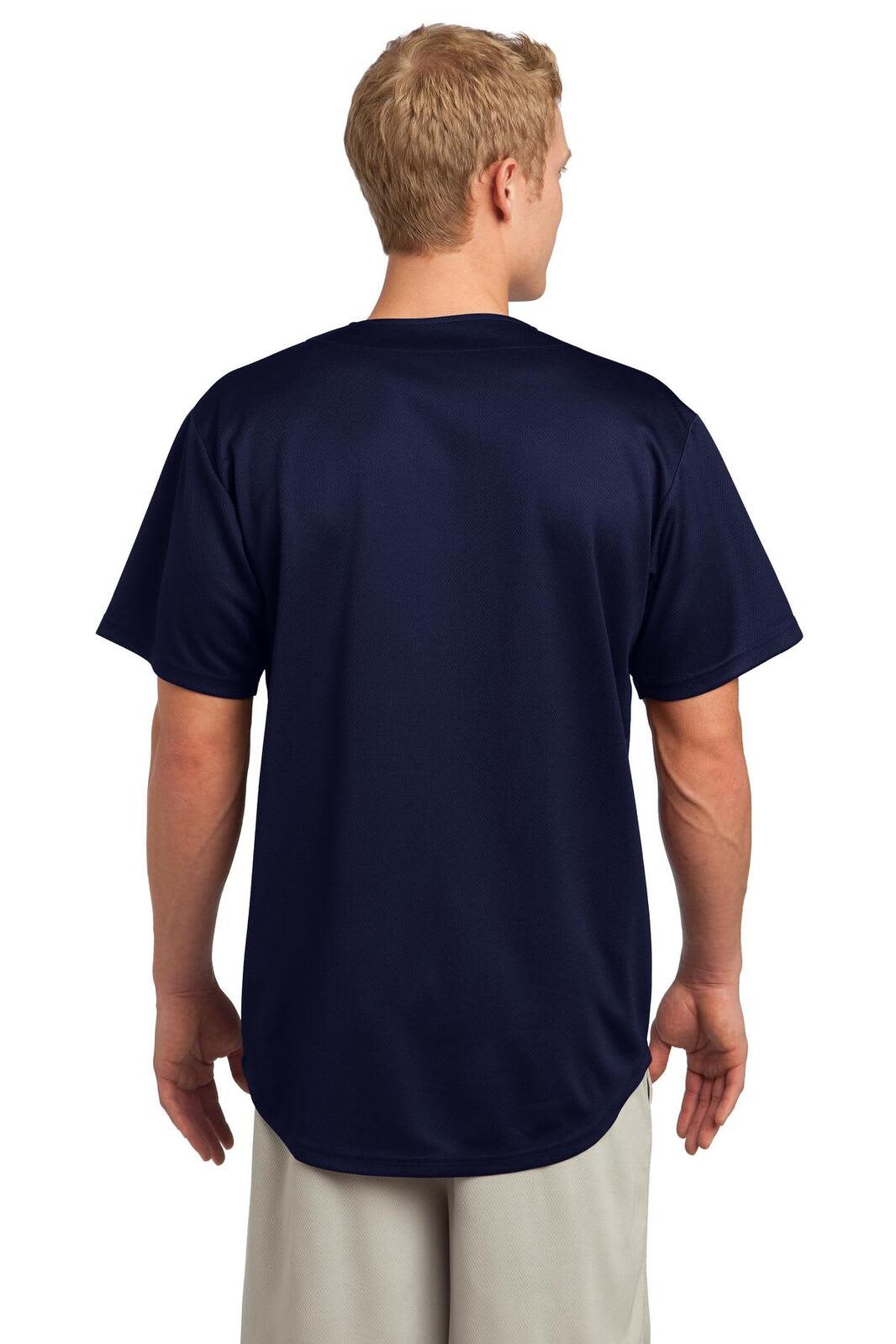 A navy blue full-button sports jersey featuring a mesh design and a logo on the back, shown on a model.