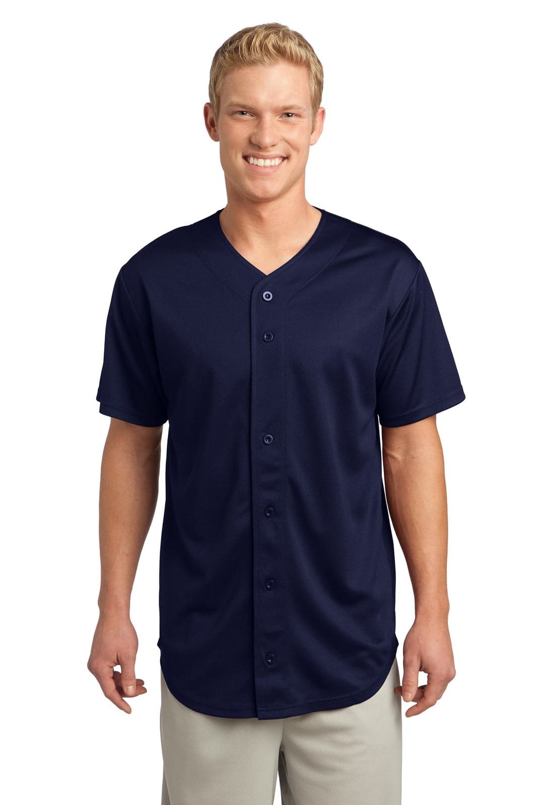 A man wears a navy blue full-button sports jersey with a single logo on it, designed for sports uniforms.