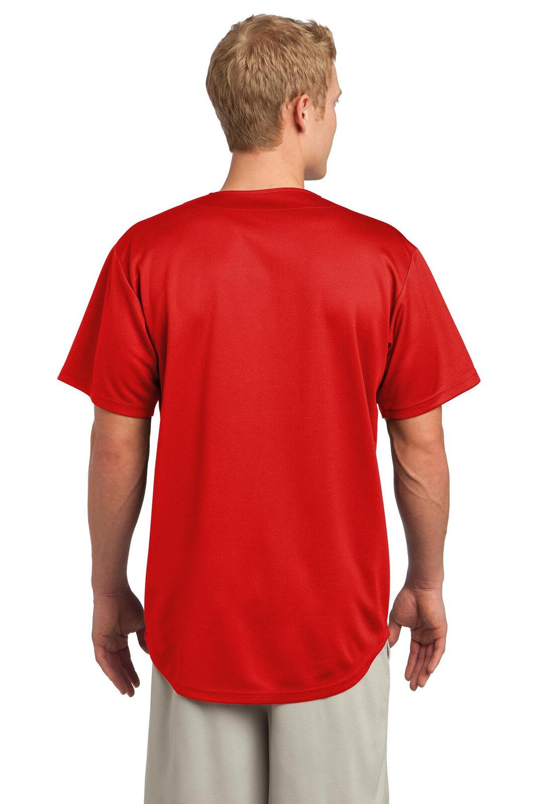 A red sports jersey featuring a full-button design, shown from the back, with a logo on the shirt.