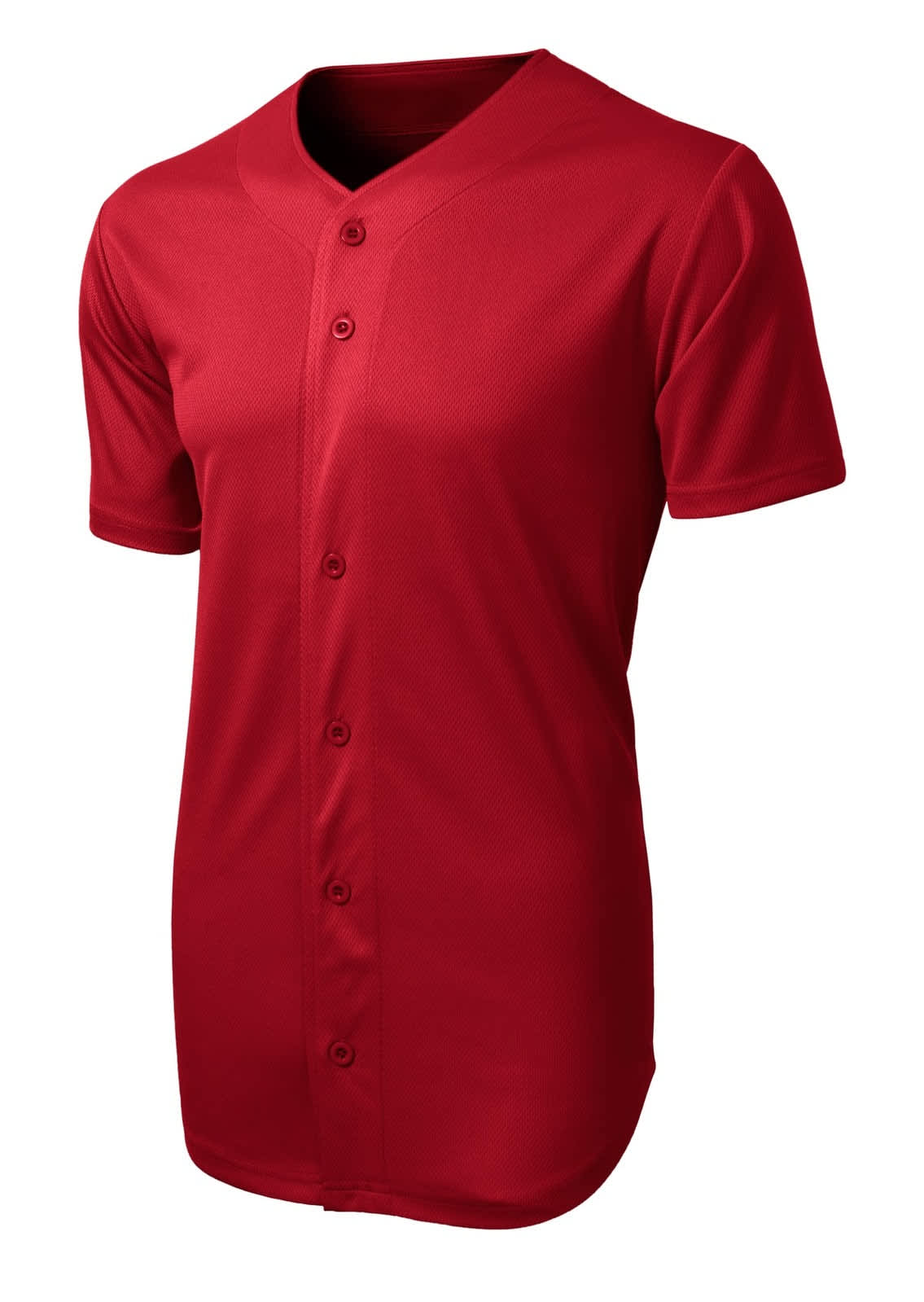 A red Sport-Tek PosiCharge Tough Mesh Full-Button Jersey with short sleeves and a buttoned front. Features a logo.