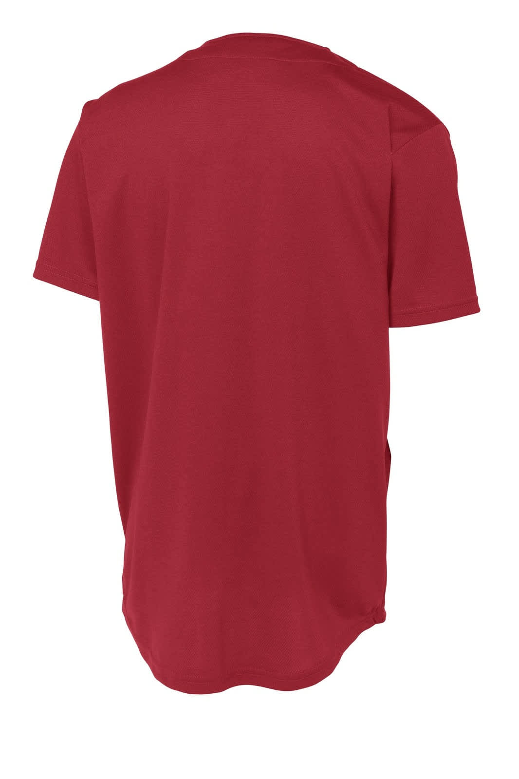A red full-button jersey made from tough mesh fabric, featuring a minimalistic design with a logo.
