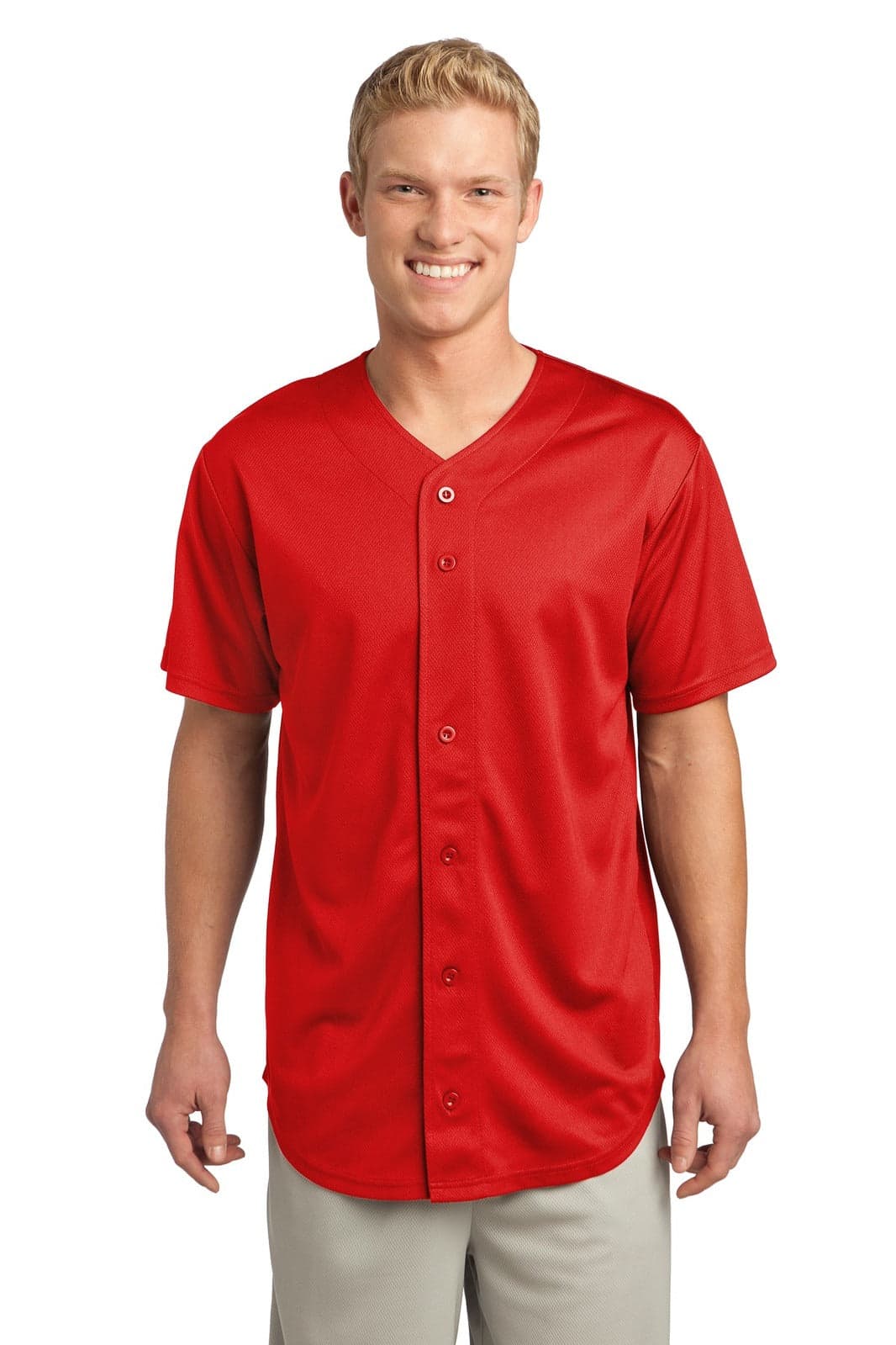 A red full-button jersey made from tough mesh fabric, featuring a v-neck and short sleeves, ideal for sports uniforms.