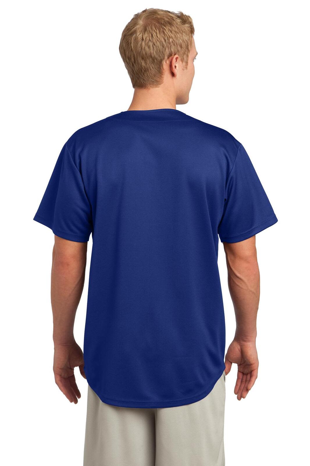 A man wears a royal blue mesh jersey with a full-button design, featuring a logo on the back.