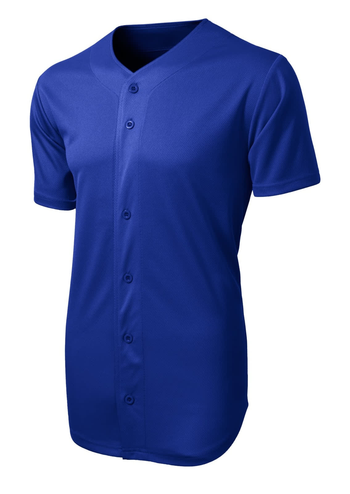 A blue Sport-Tek PosiCharge Tough Mesh Full-Button Jersey featuring a button-up front and short sleeves.