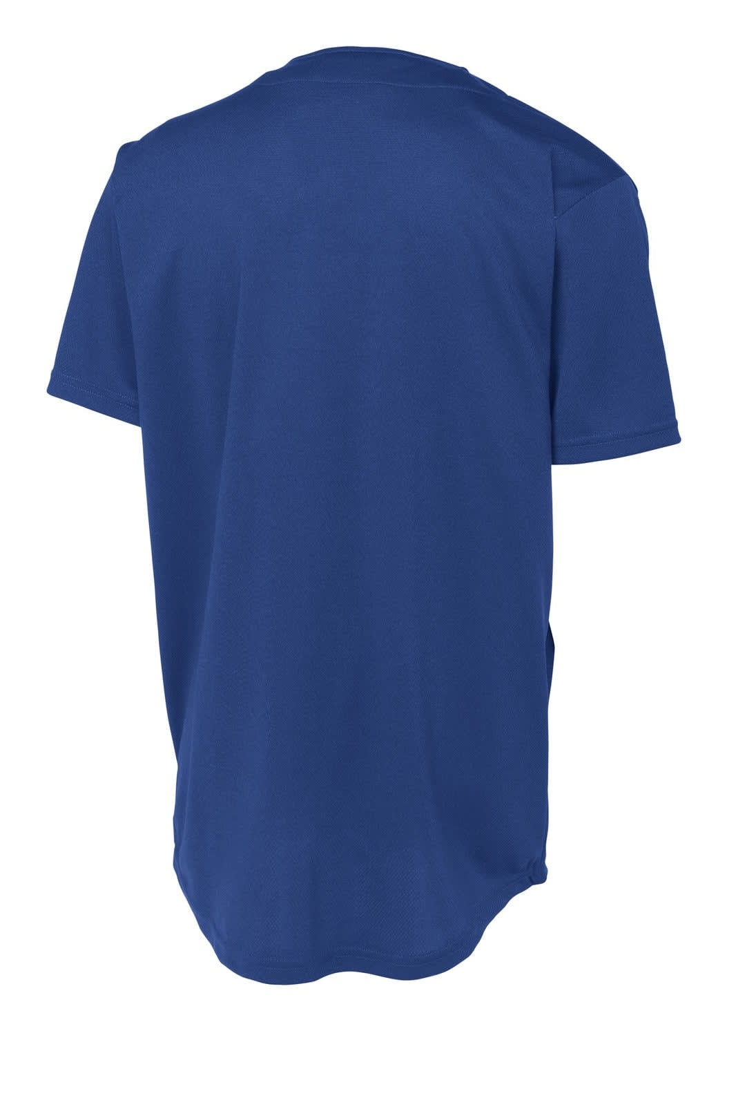A blue Sport-Tek PosiCharge Tough Mesh Full-Button Jersey with a simple design and a logo at the back.