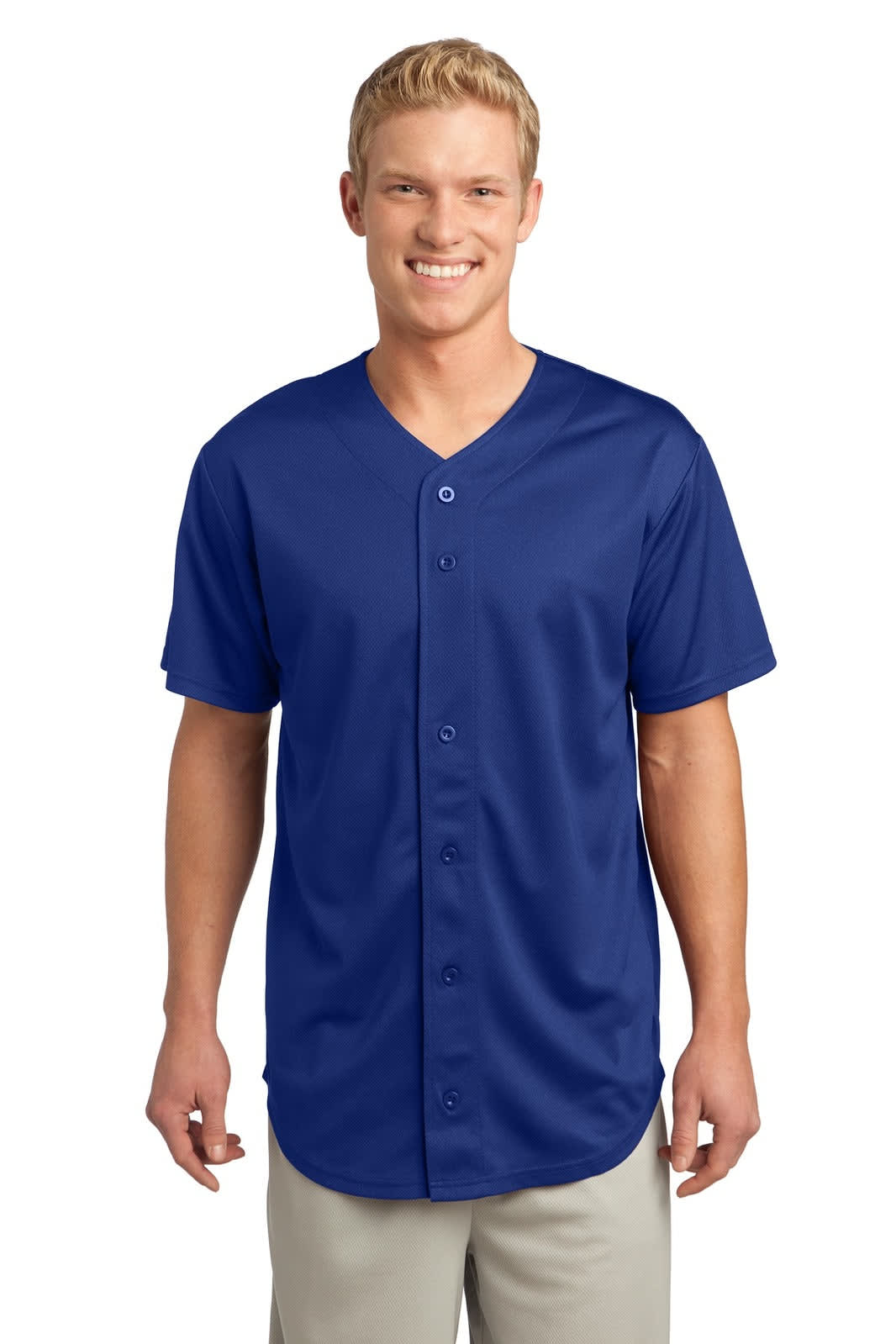 A man wears a blue full-button sports jersey with a short sleeve design and a logo on it.