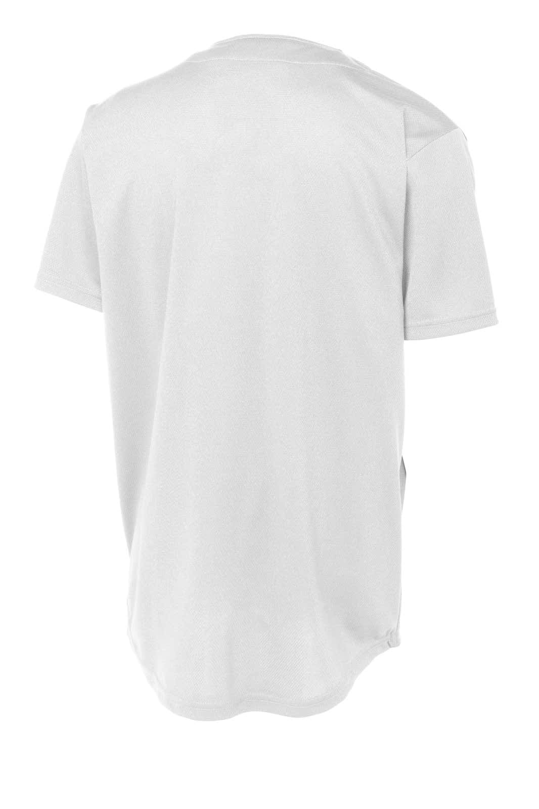 A back view of a plain white sports jersey made from tough mesh material, featuring a logo.