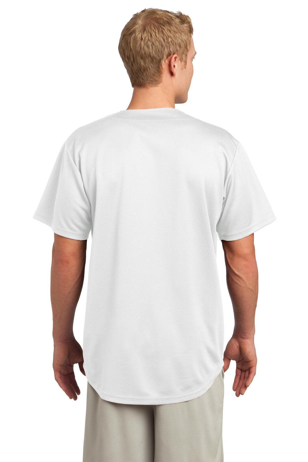 A man wearing a plain white jersey from the back, featuring short sleeves and a smooth fabric texture.
