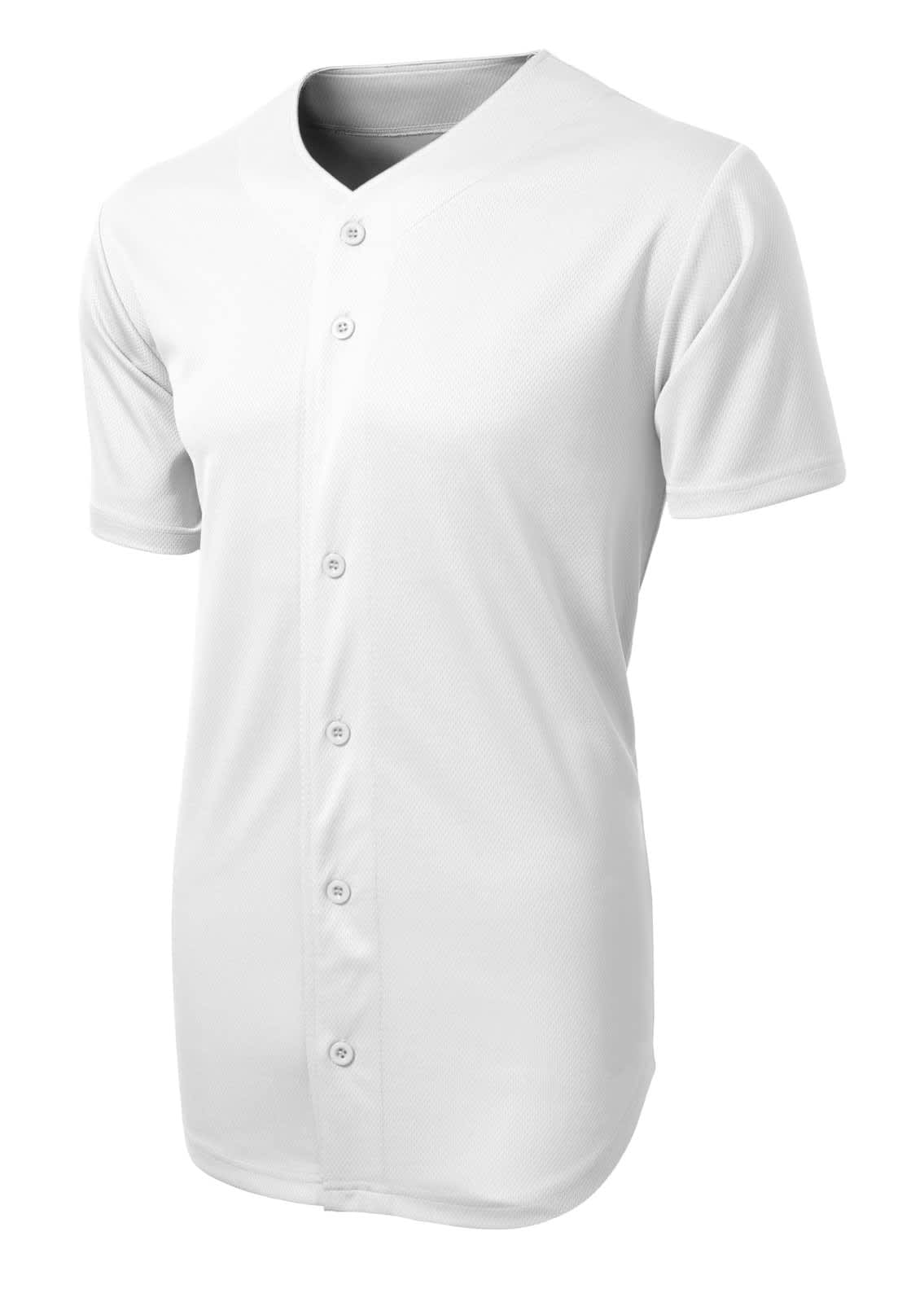 A white full-button jersey made of tough mesh fabric, featuring a logo and short sleeves.