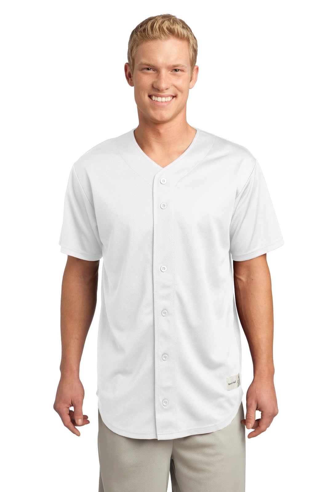 A white full-button jersey with a v-neck design, featuring short sleeves and a logo on the hem.