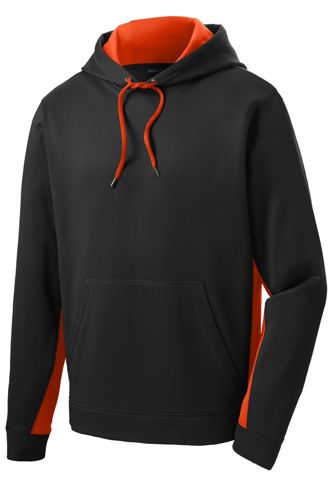 A black and orange hooded pullover with a front pocket and a drawstring hood. It features colourblock design elements.