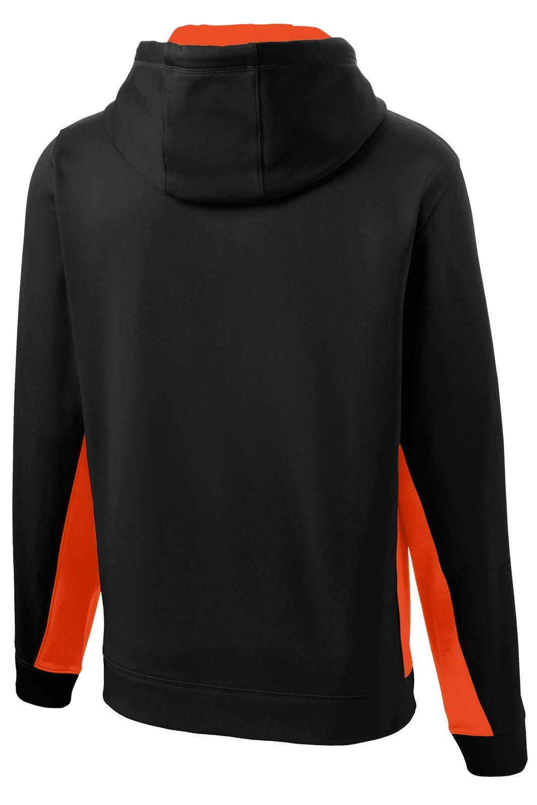 A black hooded pullover with orange colourblock detailing and a logo on the back.