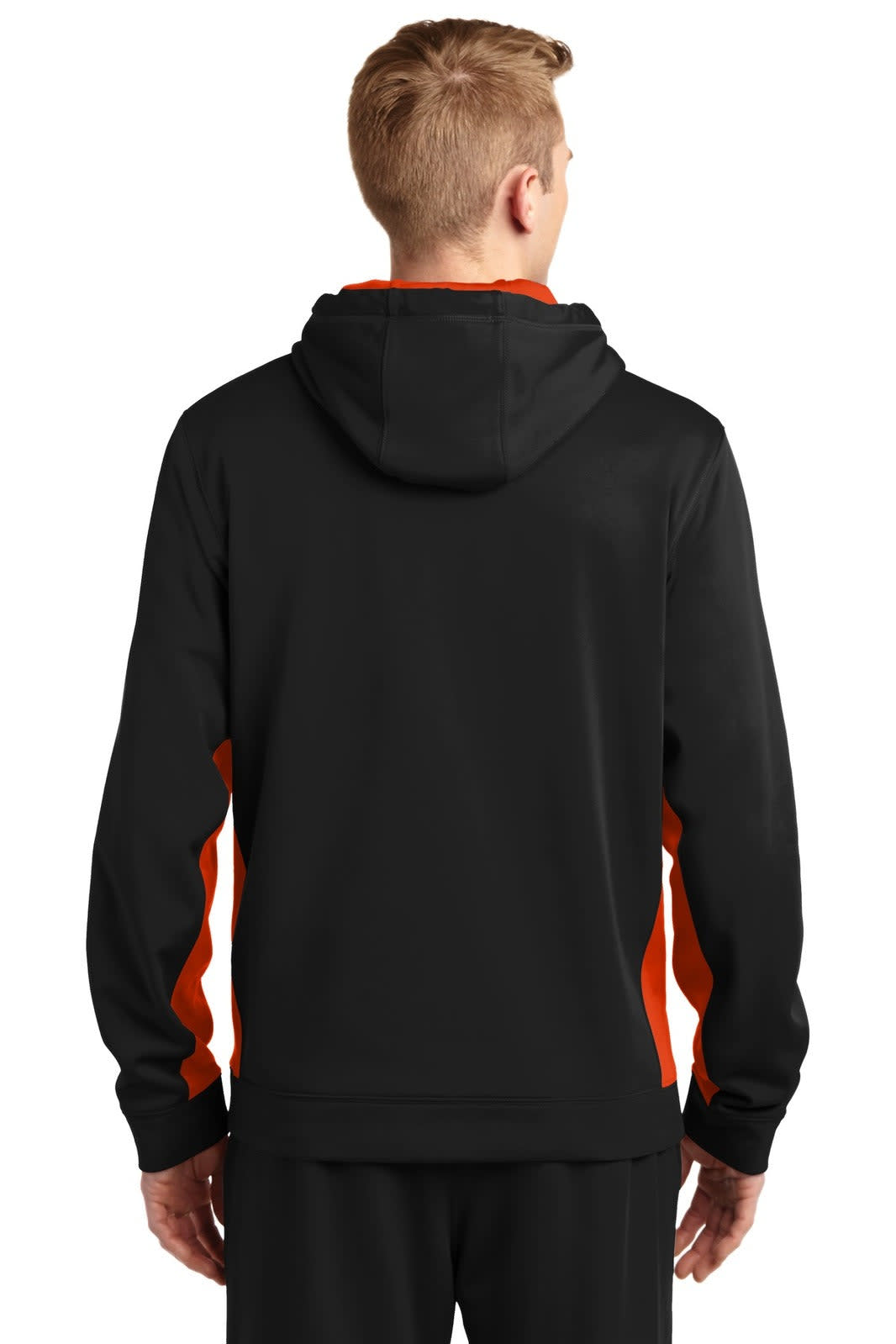 A black and orange hooded pullover featuring a logo, designed for athletic wear.