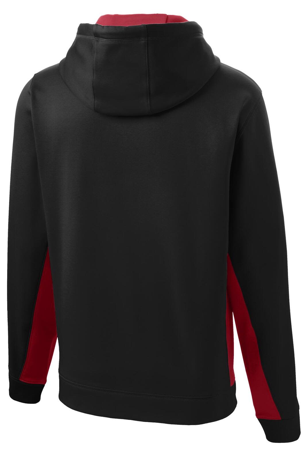 A black and red Sport-Tek Sport-Wick fleece colourblock hooded pullover, featuring a logo on the back.